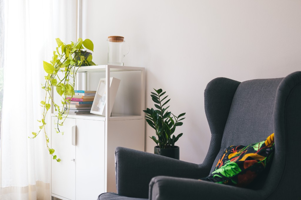 Consulta luminosa con sillón, plantas y un espacio acogedor para la terapia